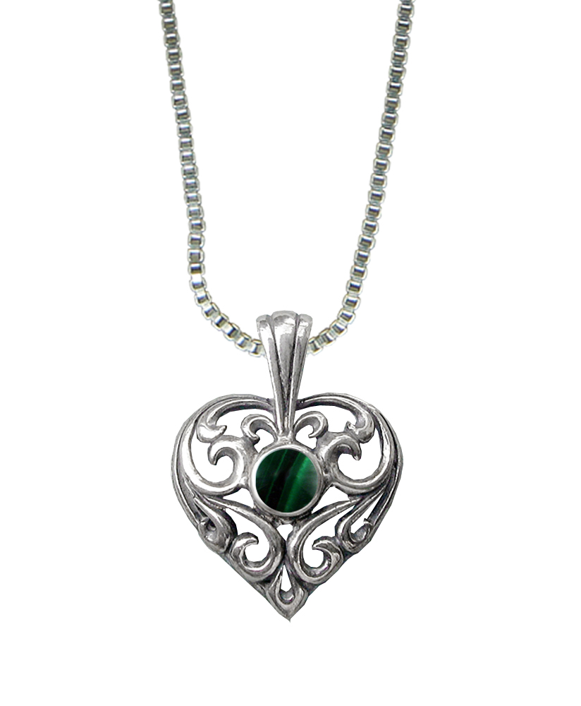 Sterling Silver Exceptional Filigree Heart Pendant With Malachite